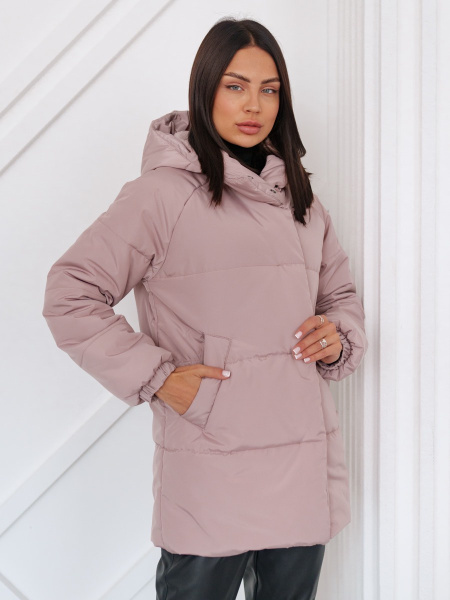 Полупальто женское зимнее с капюшоном, бежево-розовое